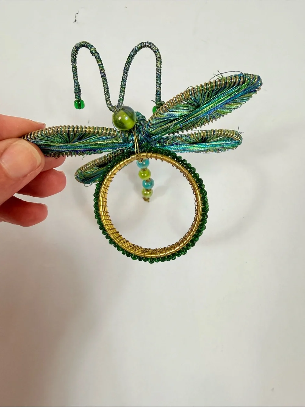 Pier 1 Napkin Ring Holders 6 Beaded Dragonfly Green Blue